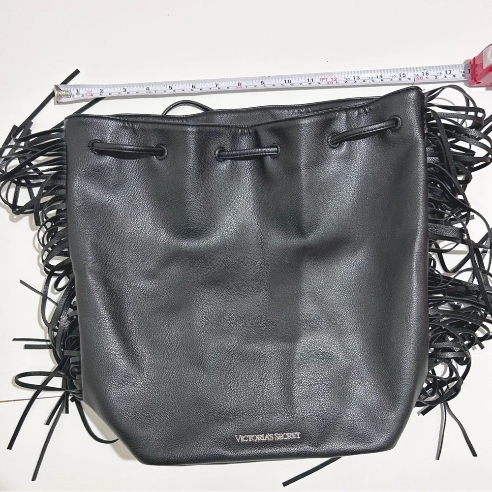 Victoria's Secret black faux leather tassel fringe drawstring purse backpack - Picture 4 of 7